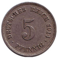 Монета 5 пфеннигов. 1914 год (E), Германская империя. Монета 5 пфеннигов. 1914 год (E), Германская империя.