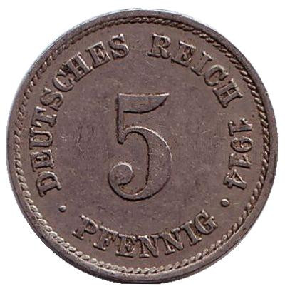 Монета 5 пфеннигов. 1914 год (E), Германская империя.