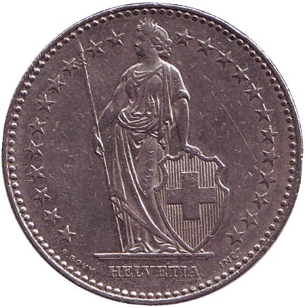 Монета 2 франка. 1995 год, Швейцария. Гельвеция. Монета 2 франка. 1995 год, Швейцария. Гельвеция.