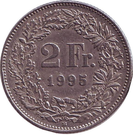 Монета 2 франка. 1995 год, Швейцария. Гельвеция.