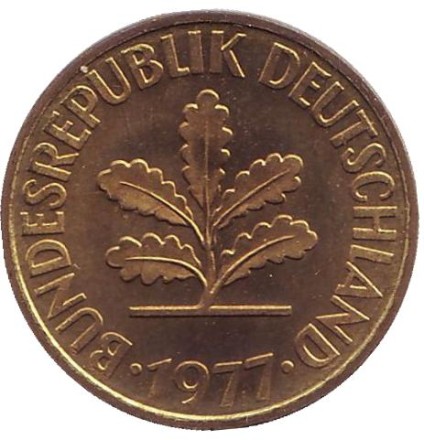 Монета 10 пфеннигов. 1977 год (G), ФРГ. Дубовые листья.