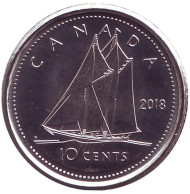 Монета 10 центов. 2018 год, Канада. Парусник. Монета 10 центов. 2018 год, Канада. Парусник.