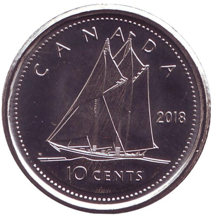 Монета 10 центов. 2018 год, Канада. Парусник.