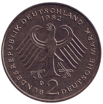 Монета 2 марки. 1982 год (D), ФРГ. Конрад Аденауэр. Монета 2 марки. 1982 год (D), ФРГ. Конрад Аденауэр.