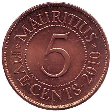 Монета 5 центов, 2010 год, Маврикий.