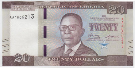 Банкнота 20 долларов. 2016 год, Либерия. Уильям Табмен.