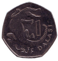 Монета 1 даласи. 2008 год, Гамбия. Африканский узкорылый крокодил. Монета 1 даласи. 2008 год, Гамбия. Африканский узкорылый крокодил.