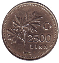 Монета 2500 лир. 1992 год, Турция.