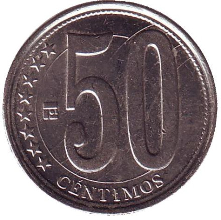 Монета 50 сентимо. 2007 год, Венесуэла. Герб Венесуэлы.