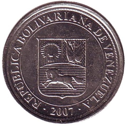 Монета 50 сентимо. 2007 год, Венесуэла. Герб Венесуэлы.