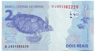 Банкнота 2 реала. 2010 год, Бразилия. Черепаха. Банкнота 2 реала. 2010 год, Бразилия. Черепаха.