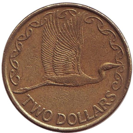 Монета 2 доллара. 1990 год, Новая Зеландия. Белая цапля.