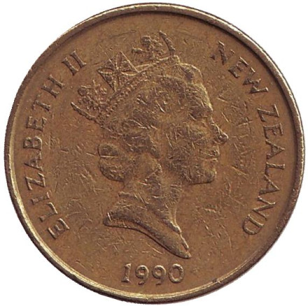 Монета 2 доллара. 1990 год, Новая Зеландия. Белая цапля.