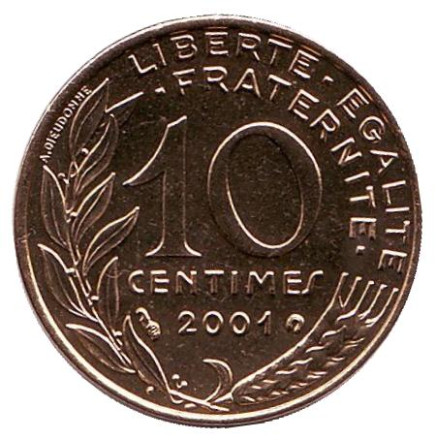 Монета 10 сантимов. 2001 год, Франция. BU.