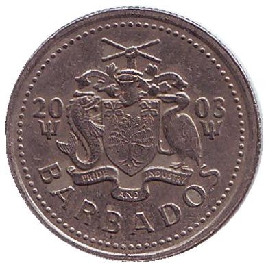 Монета 10 центов. 2003 год, Барбадос. Чайка. Монета 10 центов. 2003 год, Барбадос. Чайка.
