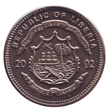 Монета 5 долларов. 2002 год, Либерия. Введение Евро в Монако, Ватикан и Сан-Марино.