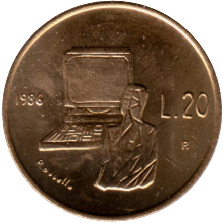 Монета 20 лир. 1986 год, Сан-Марино. Компьютеризация.