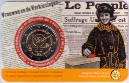Монета 2 евро. 2023 год, Бельгия. 75 лет женского избирательного права в Бельгии. (Надпись: Belgique).