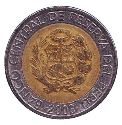 Монета 2 новых соля. 2006 год, Перу. Монета 2 новых соля. 2006 год, Перу.