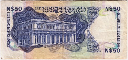 Банкнота 50 новых песо. 1988 год, Уругвай. P-61A(1). Банкнота 50 новых песо. 1988 год, Уругвай. P-61A(1).