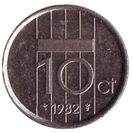 Монета 10 центов. 1982 год, Нидерланды. Монета 10 центов. 1982 год, Нидерланды.