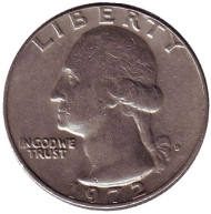 Монета 25 центов. 1972 (D) год, США. Вашингтон. Монета 25 центов. 1972 (D) год, США. Вашингтон.
