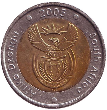 Монета 5 рандов. 2005 год, ЮАР. Антилопа гну.