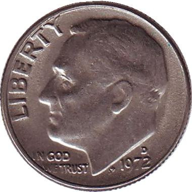 Монета 10 центов. 1972 (D) год, США. Рузвельт.