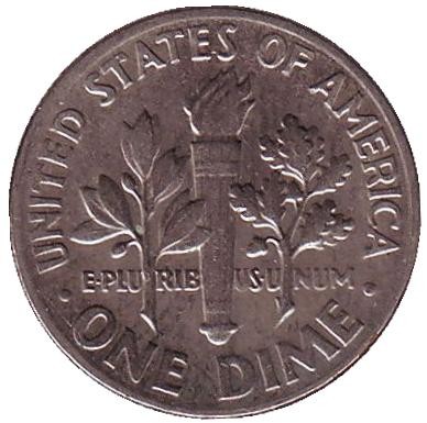 Монета 10 центов. 1972 (D) год, США. Рузвельт.