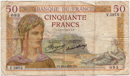 Банкнота 50 франков. 1937 год, Франция.