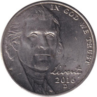 Монета 5 центов. 2016 год (D), США. Монтичелло. Монета 5 центов. 2016 год (D), США. Монтичелло.