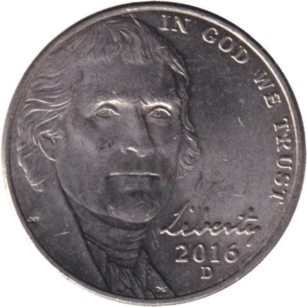 Монета 5 центов. 2016 год (D), США. Монтичелло.
