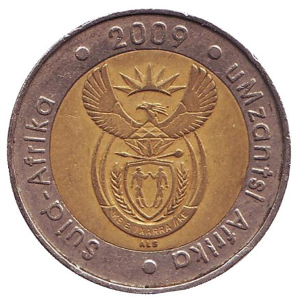 Монета 5 рандов. 2009 год, ЮАР. Антилопа гну.