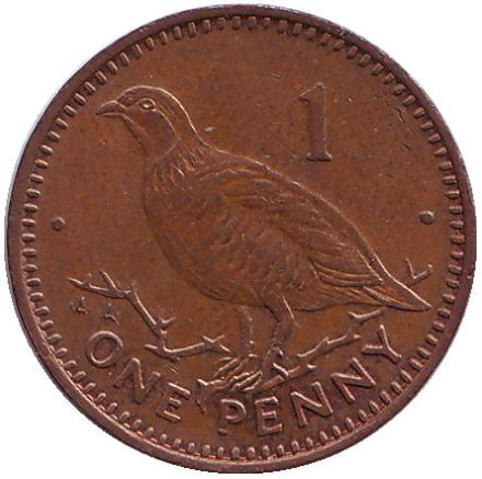 Монета 1 пенни, 1995 год, Гибралтар. (AA). Немагнитная. Берберская куропатка.