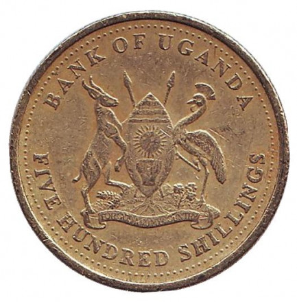 Монета 500 шиллингов. 2008 год, Уганда. Восточный венценосный журавль. Монета 500 шиллингов. 2008 год, Уганда. Восточный венценосный журавль.