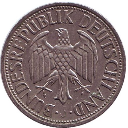 Монета 1 марка. 1956 год (J), ФРГ. Монета 1 марка. 1956 год (J), ФРГ.