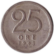 Монета 25 эре. 1943 год, Швеция. Монета 25 эре. 1943 год, Швеция.