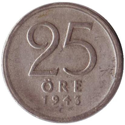Монета 25 эре. 1943 год, Швеция.