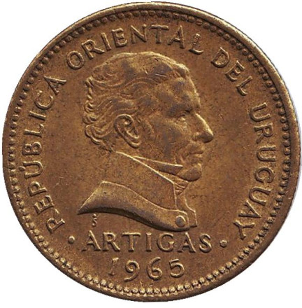 Монета 10 песо. 1965 год, Уругвай. Хосе Артигас.