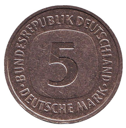 Монета 5 марок. 1988 год (J), ФРГ.