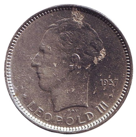 Монета 5 франков. 1937 год, Бельгия. Леопольд III.