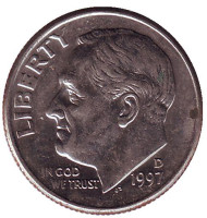 Монета 10 центов. 1997 (D) год, США. Рузвельт. Монета 10 центов. 1997 (D) год, США. Рузвельт.