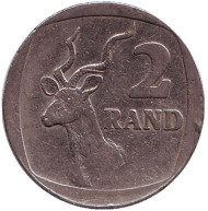Монета 2 ранда. 2000 год, ЮАР. (Старый тип) Антилопа. Монета 2 ранда. 2000 год, ЮАР. (Старый тип) Антилопа.