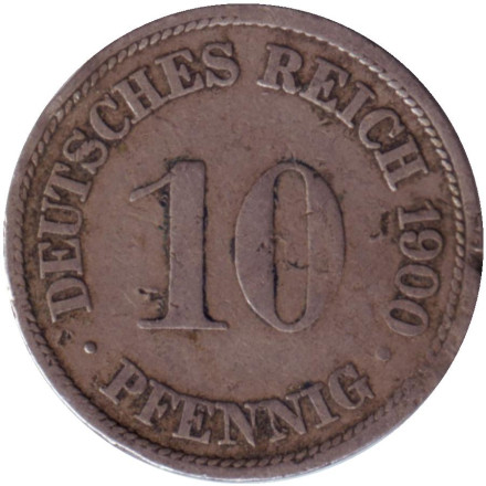 Монета 10 пфеннигов. 1900 год (F), Германская империя.