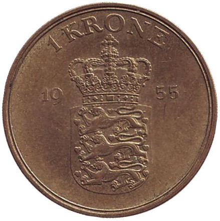 Монета 1 крона. 1955 год, Дания.