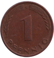 Монета 1 пфенниг. 1949 год (G), ФРГ. Дубовые листья. Монета 1 пфенниг. 1949 год (G), ФРГ. Дубовые листья.