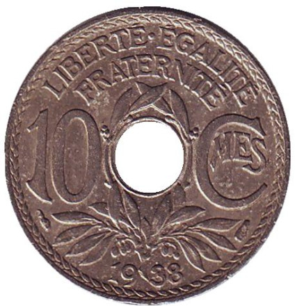 Монета 10 сантимов. 1938 год, Франция. (без точек вокруг даты)