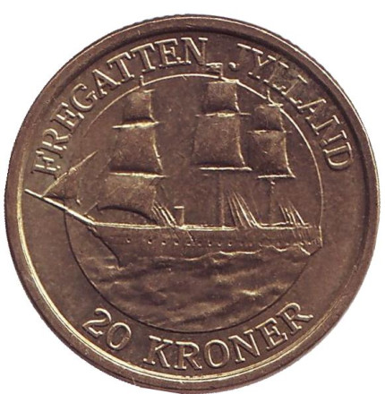 Монета 20 крон. 2007 год, Дания. Фрегат.