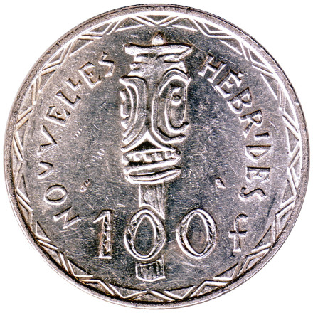 Монета 100 франков. 1966 год, Новые Гебриды. Скипетр.