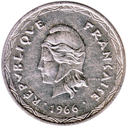 Монета 100 франков. 1966 год, Новые Гебриды. Скипетр. Монета 100 франков. 1966 год, Новые Гебриды. Скипетр.